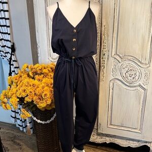 Elegant Dark Navy Jumpsuit with Button Detail Spaghetti Straps and Pockets